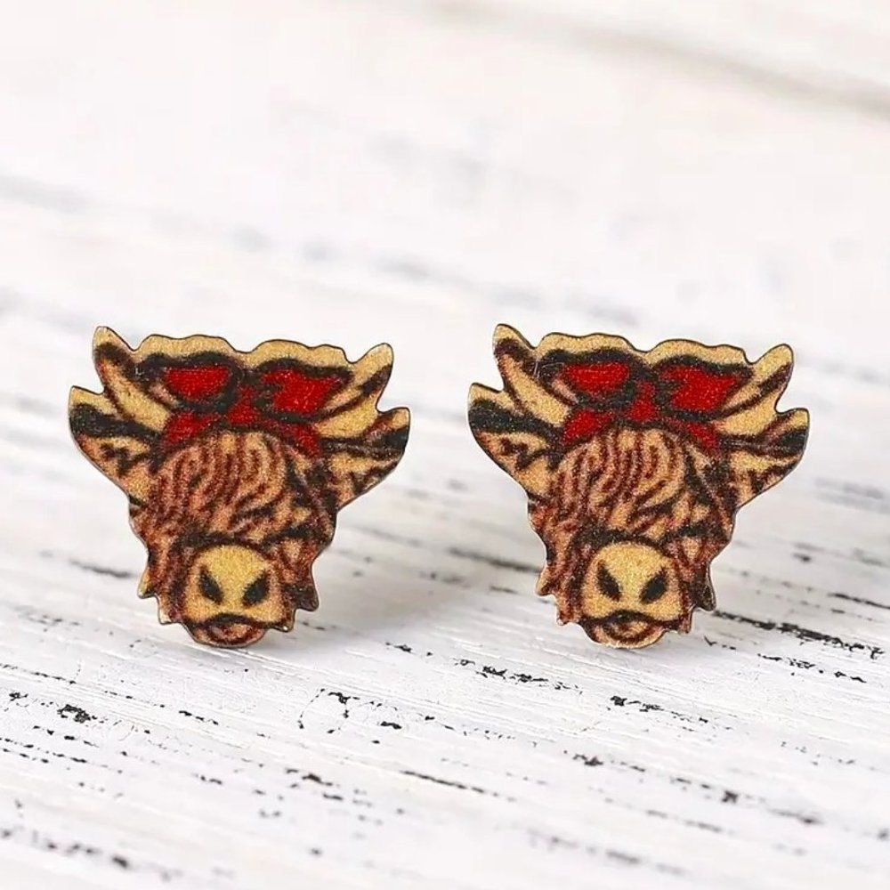 Vintage Western Cute Bull Head Earrings - Wooden Ear Jewelry Decor For Women